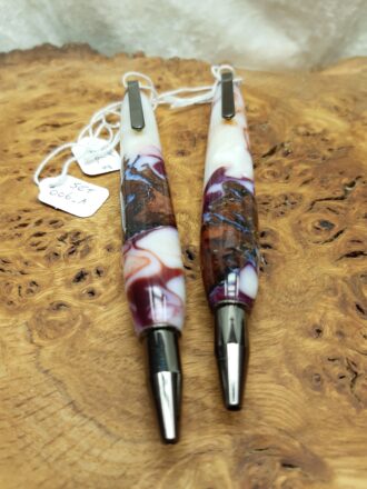 Pen Gift Set ~ Twin White and Purple Resin with Burl Bark ~ SET006